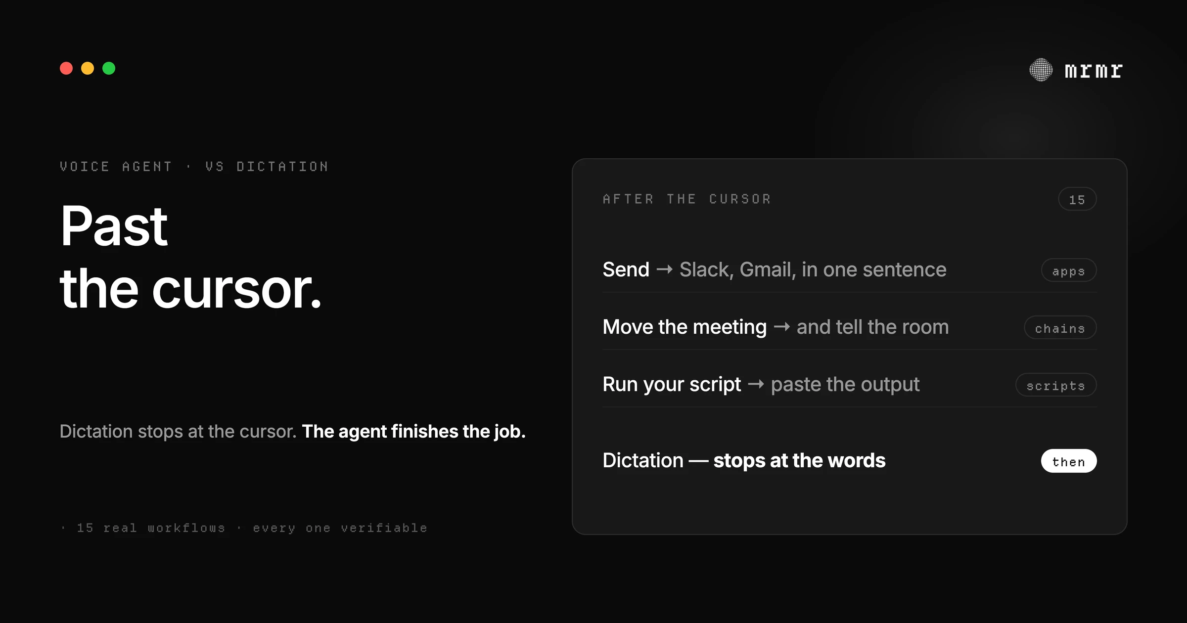 15 things a voice agent can do that dictation can't: real voice-to-action workflows across Slack, Linear, Google Calendar, Reminders, scripts, and background sub-agents on a Mac.