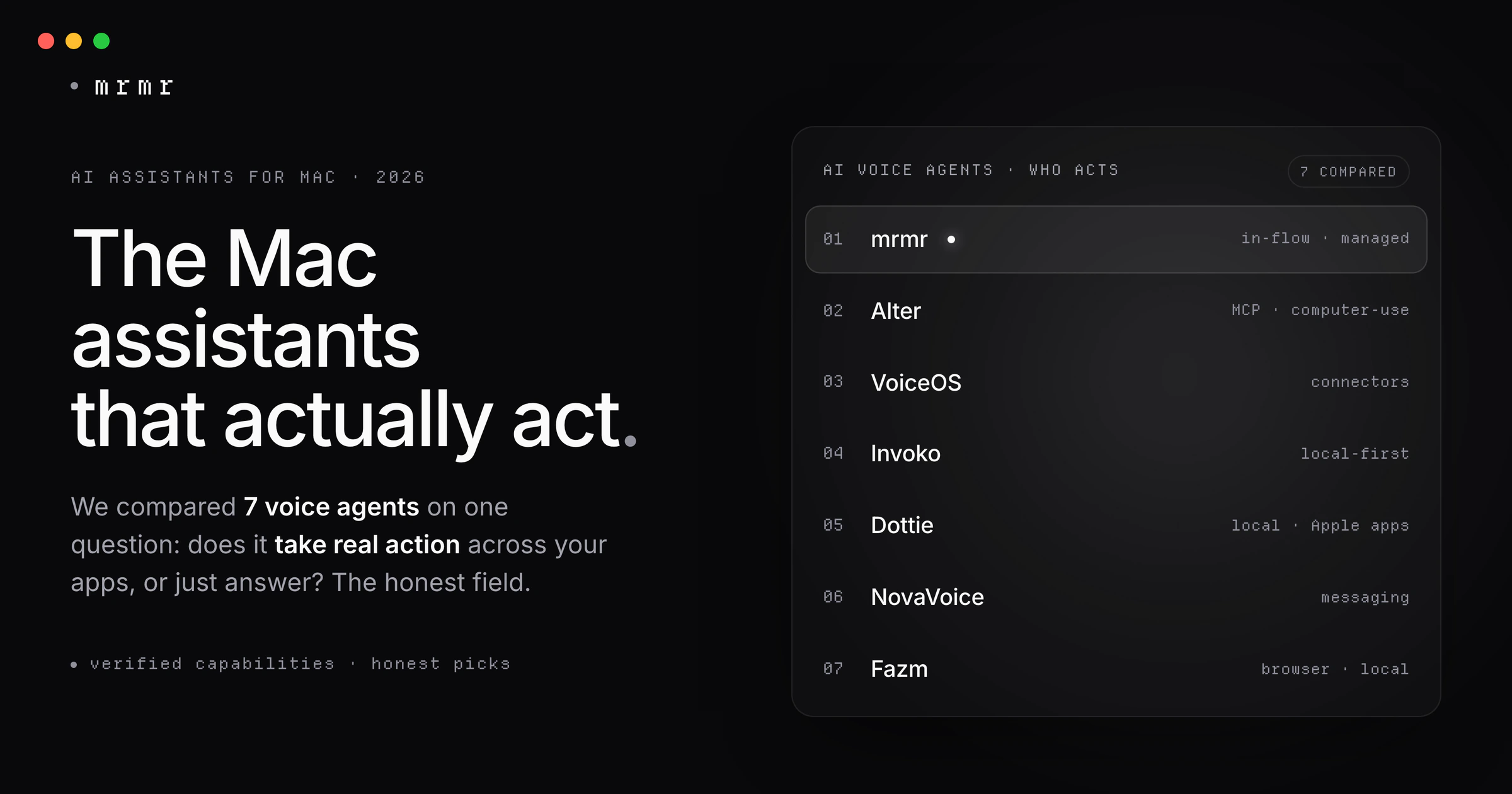 Seven AI voice agents for Mac compared: mrmr, Alter, VoiceOS, Invoko, Dottie, NovaVoice, and Fazm, ranked by how each takes action across your apps.