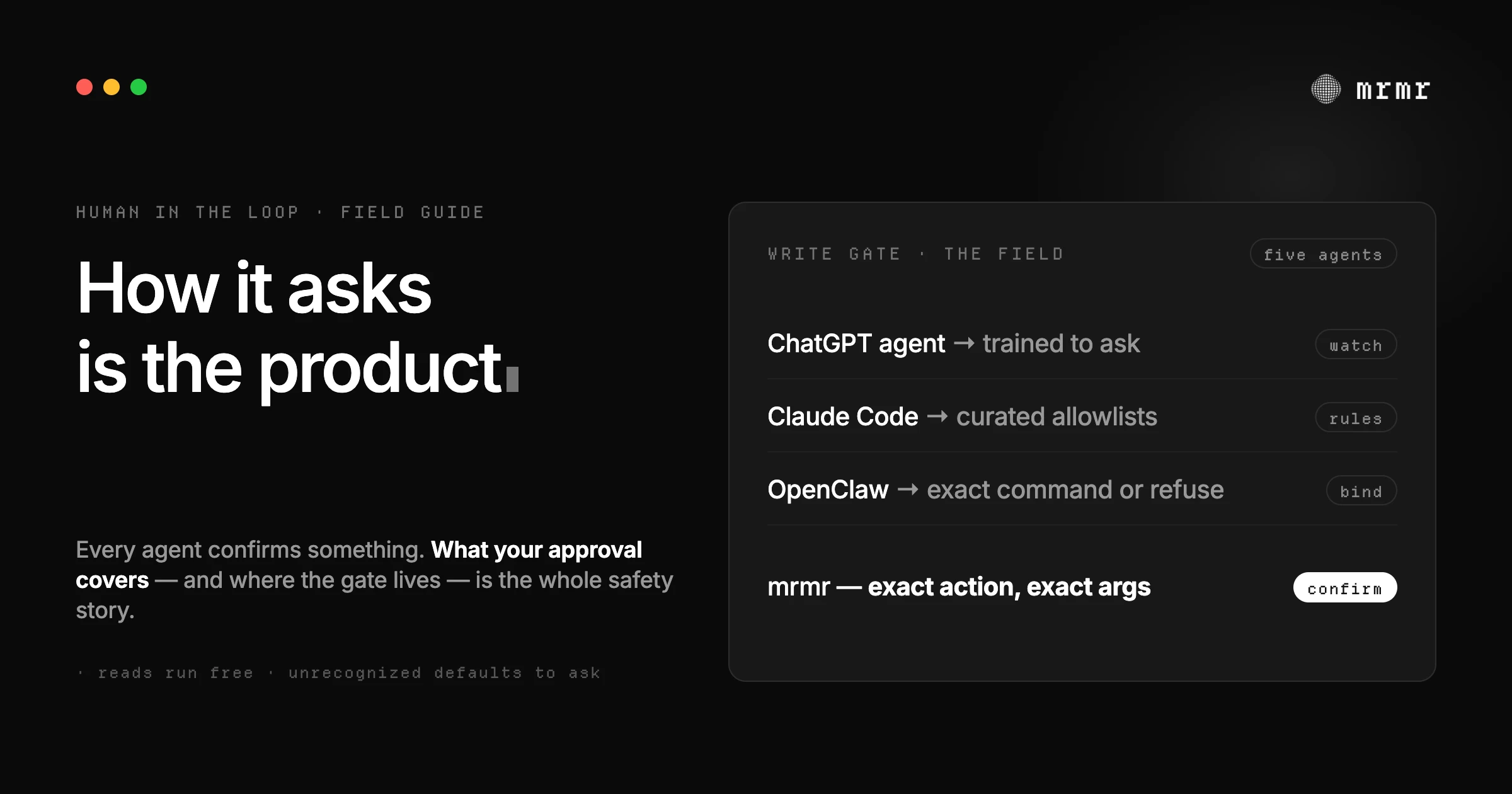 How AI agents confirm actions: a field guide comparing confirmation gates across ChatGPT, Gemini Spark, Claude Code, OpenClaw, and mrmr: what each one asks before it sends, deletes, or runs.
