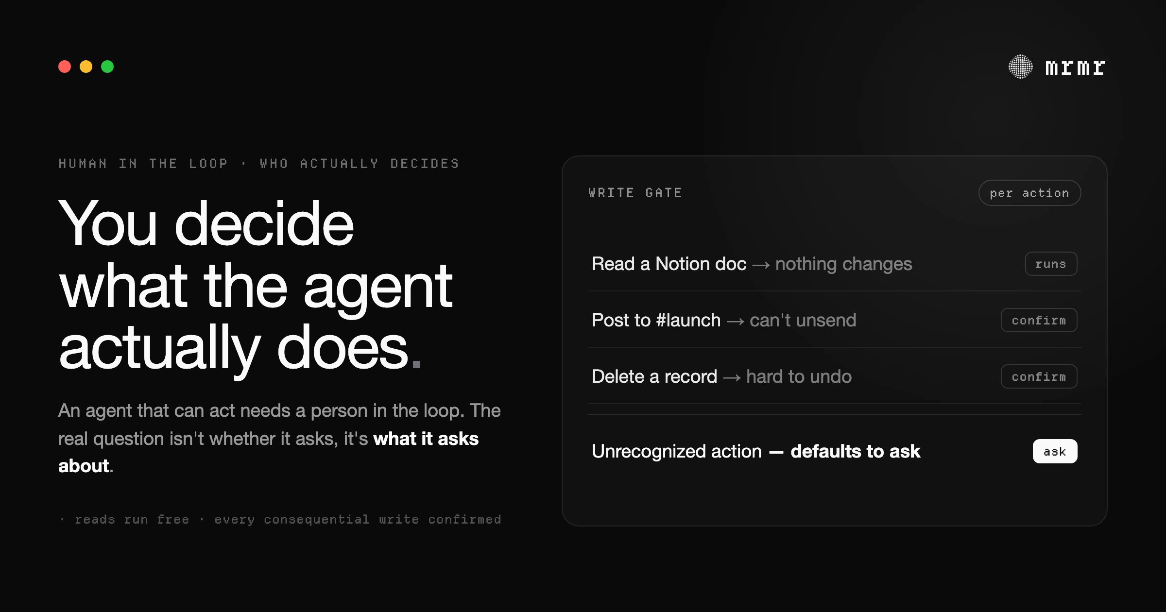 Human-in-the-loop AI explained: a person reviewing and approving an AI agent's consequential actions before they execute, while reads and low-risk steps run freely.