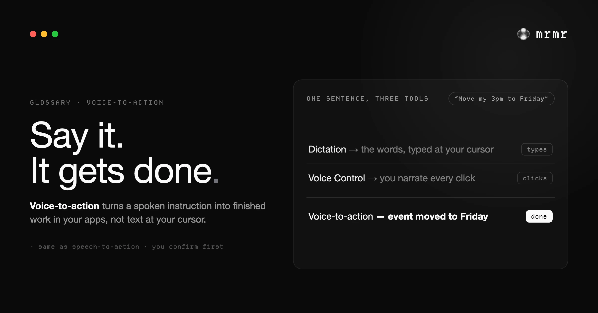 Voice-to-action explained: the same sentence, "Move my 3pm to Friday", typed by dictation, narrated click by click in Voice Control, and done by voice-to-action, with the event moved to Friday.